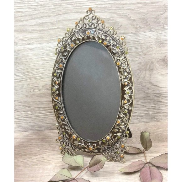 Ornament Oval Photo Frame Decorative Jeweled Photo Display Stones Floral Pattern - Picture 4 of 13